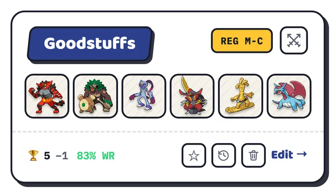 Saved team card: Goodstuffs, 5 wins and 1 loss, 83% win rate